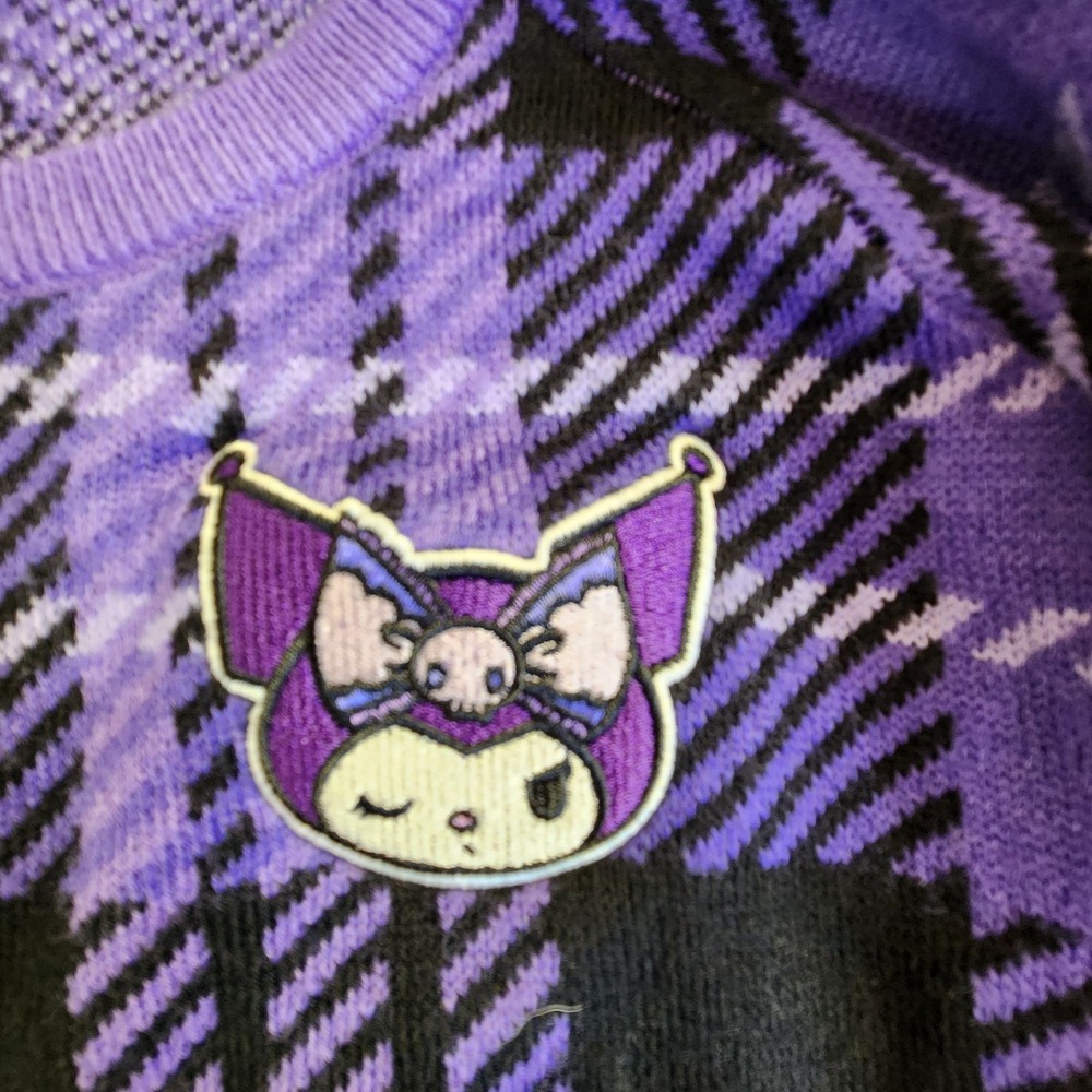 Sanrio Kuromi Womens Knit Plaid Sweater Sz Large Purple Black Bishop Sleeve Top - Picture 13 of 16